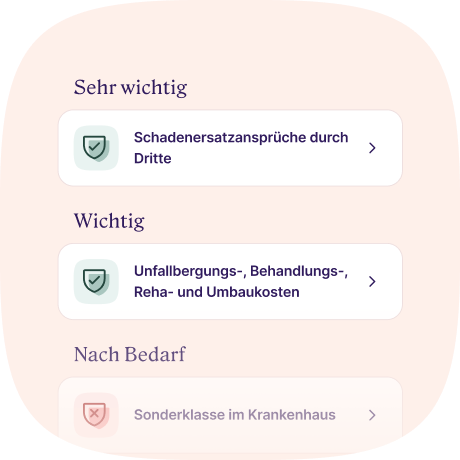 Eine Liste von Risiken, wie sie in der Versicherungs-App Sophia dargestellt werden.